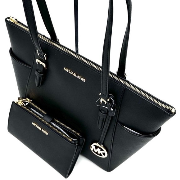 Michael Kors Large Charlotte Tote Bag & Large Double Zip Wallet Black - Picture 12 of 15